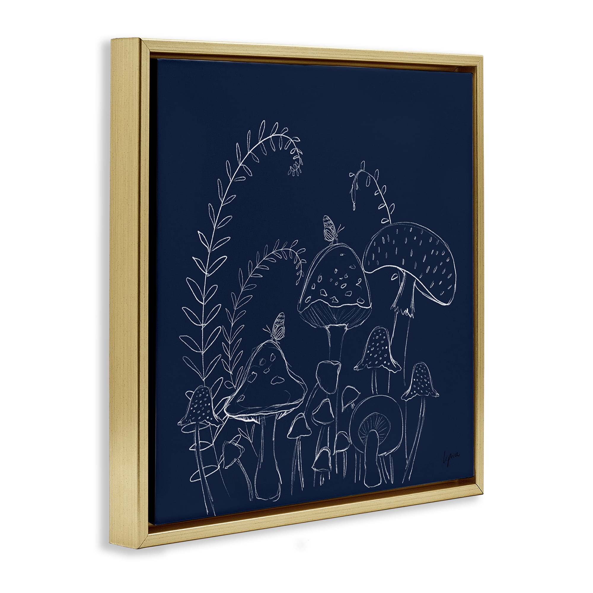 Stupell Industries Happy Mushroom Garden Plants & Flowers Painting Gold Floater Framed Canvas Art Print Wall Art, 25 x 25