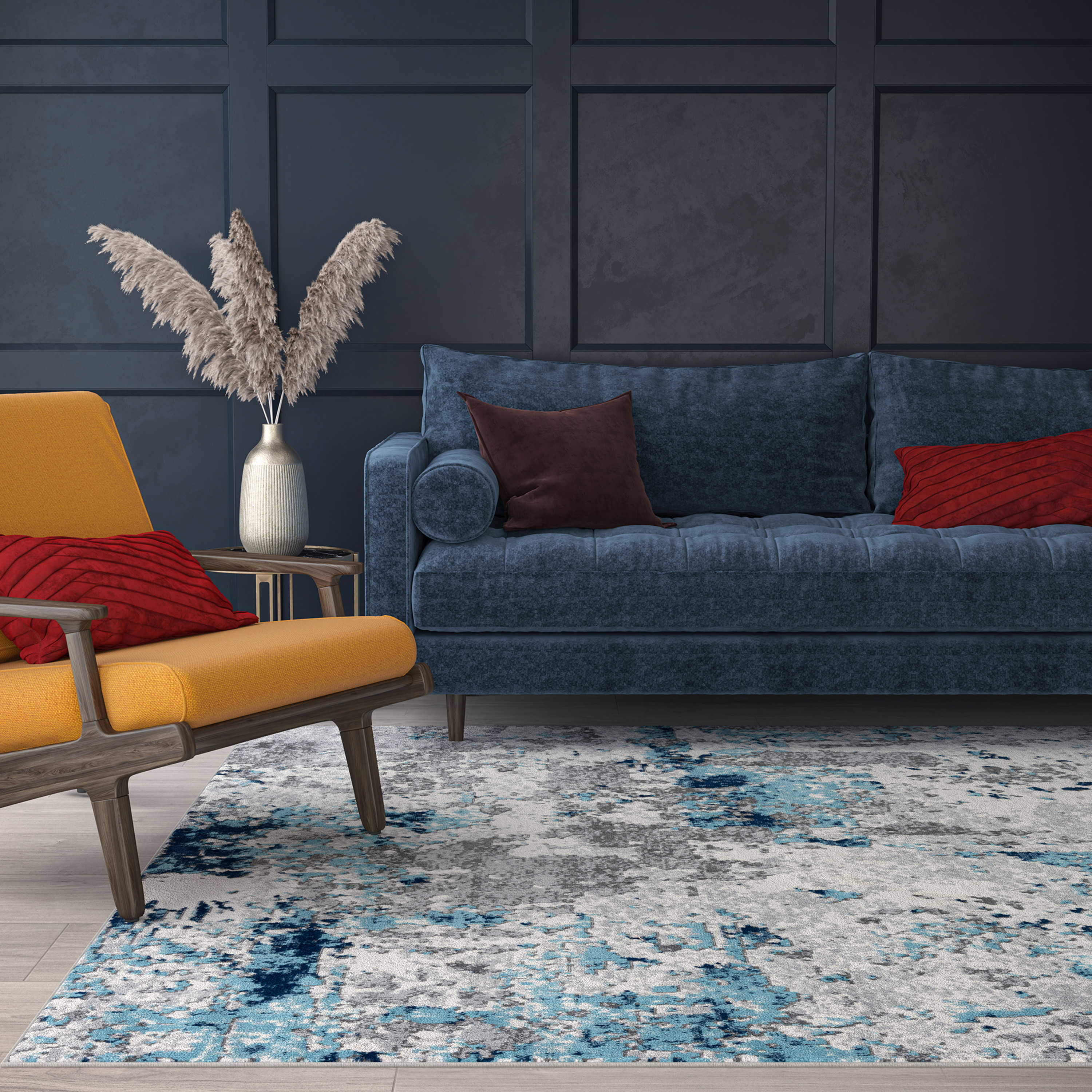 Contemporary 5x8 Area Rug (5'3'' x 7'3'') Abstract Blue, Gray Living Room Easy to Clean