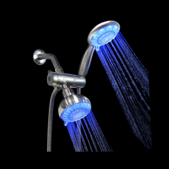 Ana Bath 4 Inch 5 Multi-Function Blue LED Light Dual Shower Head Combo Shower System with Brass Connector & 5 ft (60") Stainless Steel Shower Hose in Brushed Nickel (LSS5430CBN)