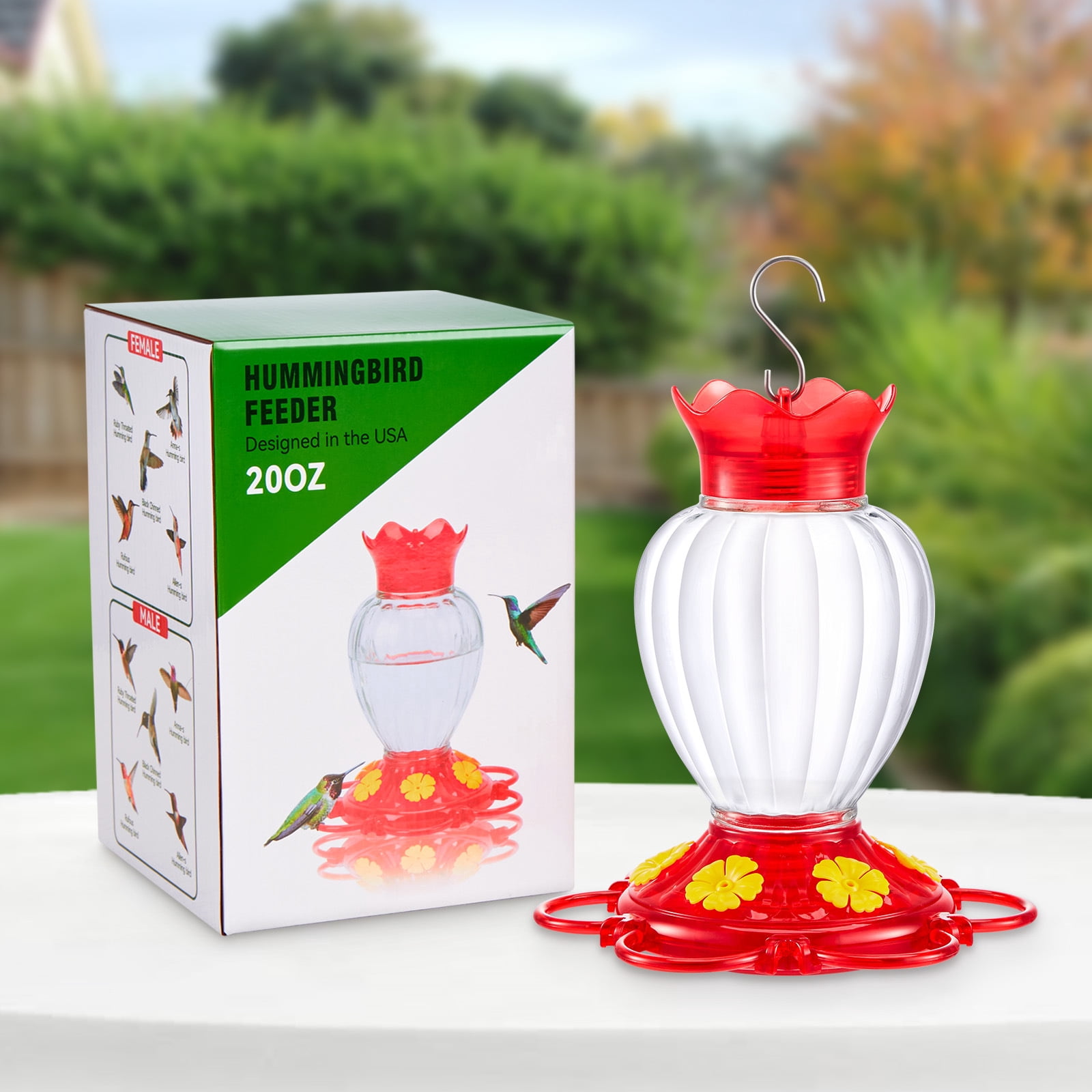Hummingbird Feeder for Outdoor Hanging, 20 OZ Humming Bird Nectar Feeder with 5 Bee Guard Feeding Ports & Built-in Ant Moat, Bird Feeder for Outside