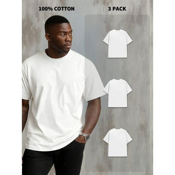 3-Pack Men's 100% Cotton Short Sleeve Crew Neck Tees - 180g, Shrink-Resistant, Cost-Effective, White