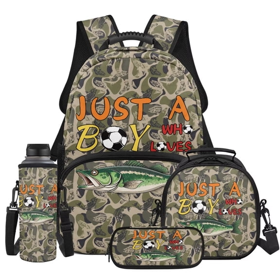 XYZCANDO Fish Camo Soccer School Backpack Set 4Pcs with Portable Lunch Bag Multifunctional Pencil Case Water Bottle Bag Carrier Suitable for Elementary Middle School