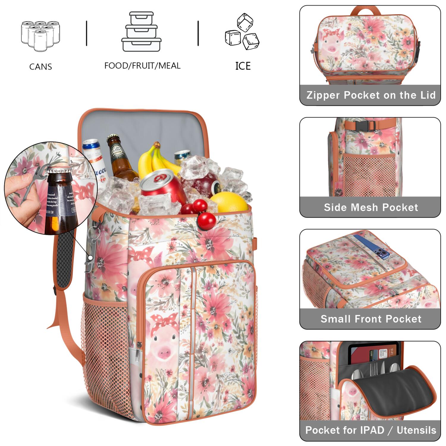 Travel Cooler Bag - Pioneer Flower Floral Print Pattern Camping Beer Cooler Backpack with Bottle Opener- Waterproof Insulated Picnic Backpacks - Cooler Bag for Beach