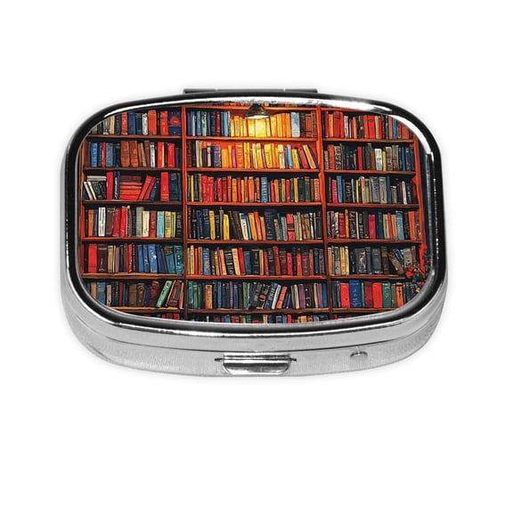 Bookshelf Library Patterns Art Square Pill Box 2 Compartment Pill Case Medicine Organizer Decorative Gift for Purse Pocket