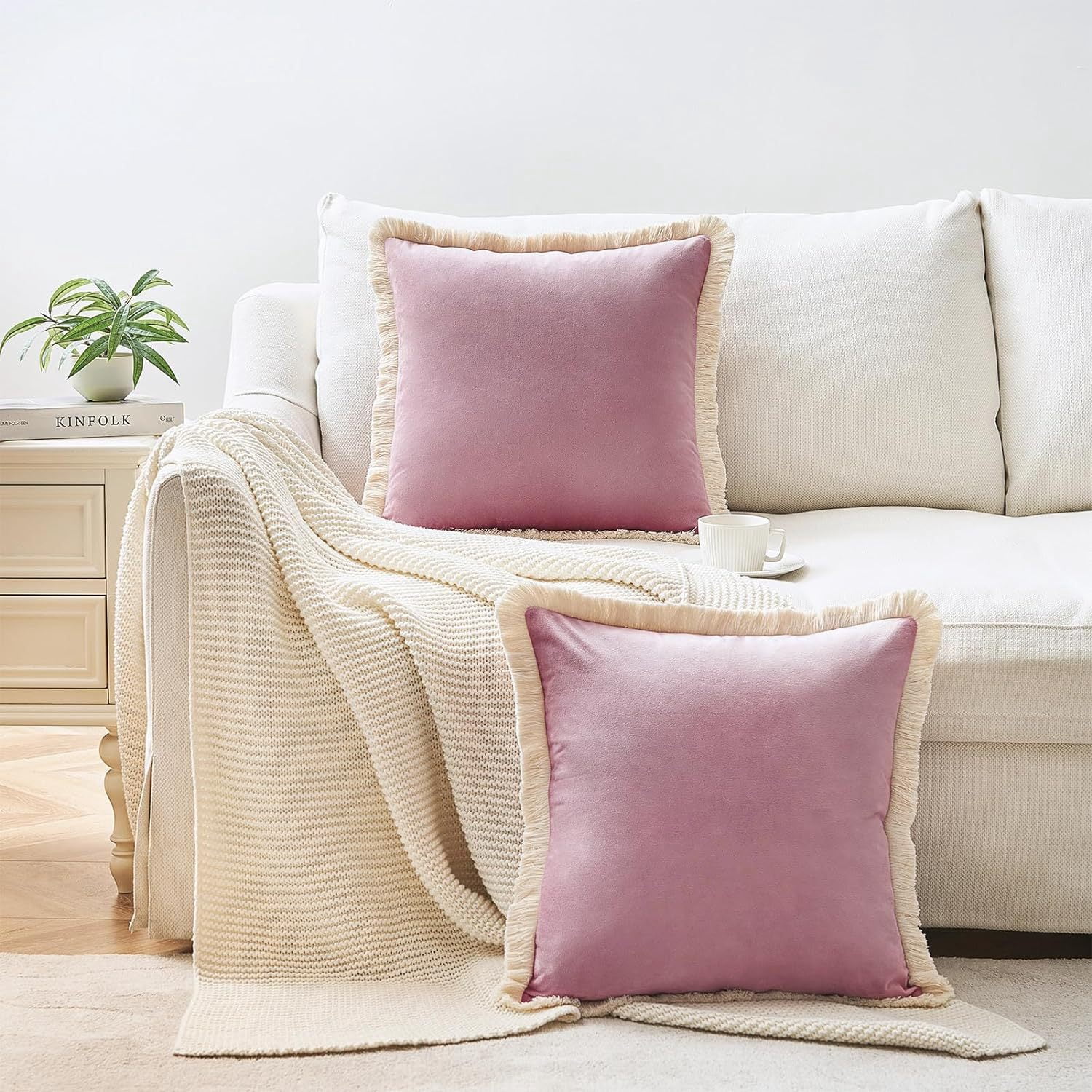 Yumcute Pillow Covers 20x20 Set of 2 Beige Throw Pillow Covers with Fringe Chic Cotton Decorative Pillows Square Cushion Covers for Sofa Couch Bed Boho Decor
