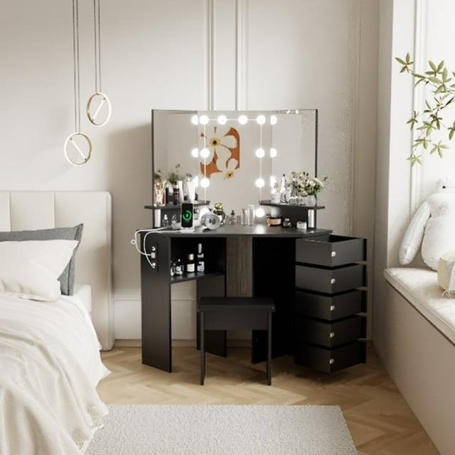 Coiffeuse d'Angle avec Lumières, Prise de Courant, Tiroirs Rotatifs et Tabouret