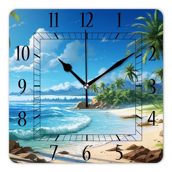14 Inch Wall Clock Battery Operated Square Clock Decorative for Office, Kitchen, Outdoor, Living Room，Coconut Tree Tropical Plant Summer Beach Creative Pattern