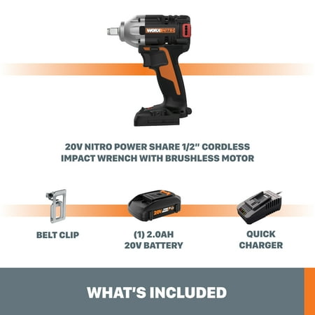 WORX - Nitro 20V 1/2" Cordless Brushless Impact Wrench (1 x 2.0 Ah Battery and 1 x Charger Included) - Black