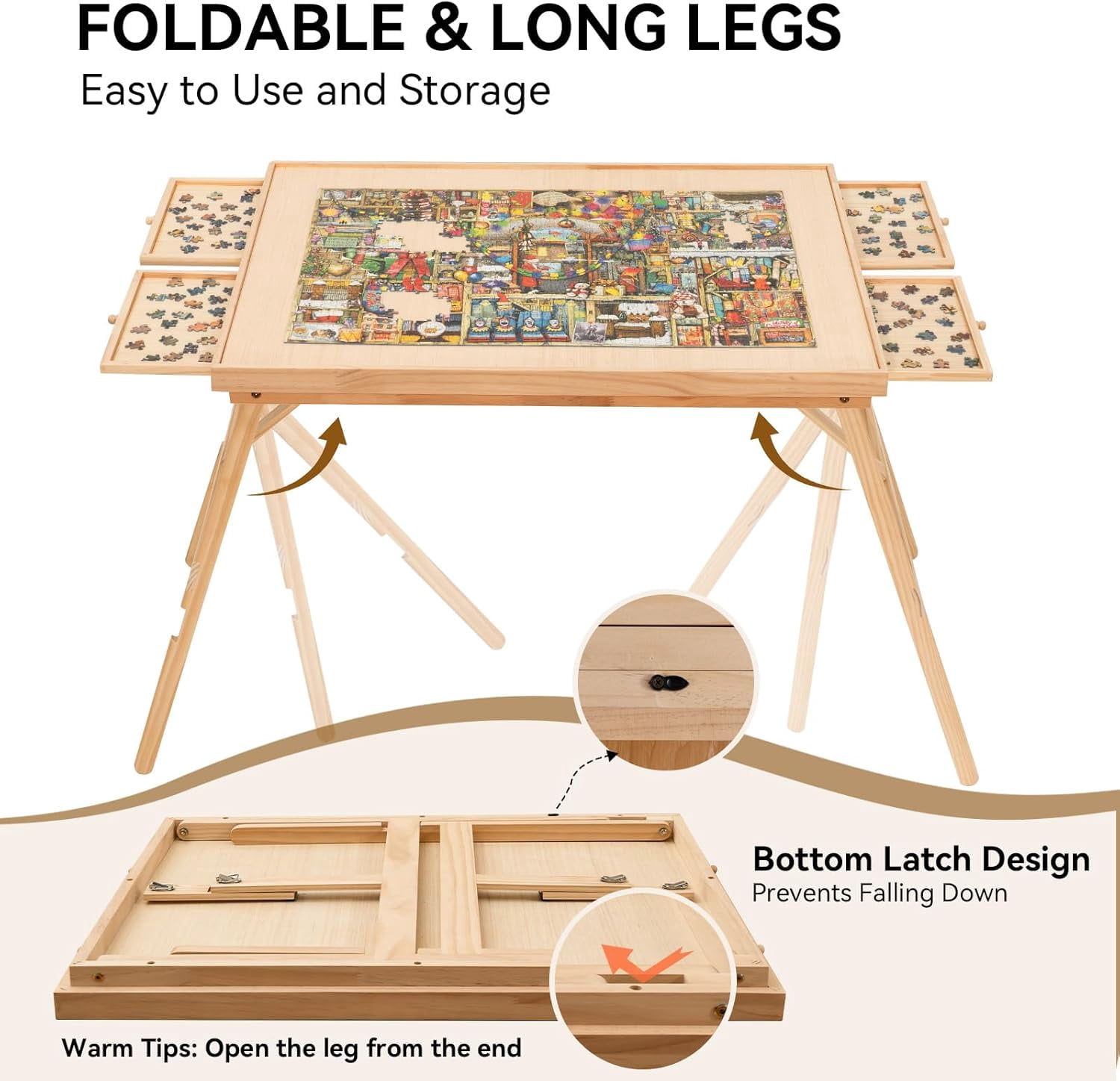 27.6" high 1500 piece puzzle table with legs, 4 drawers, 34.3" wide x 26.5" deep,