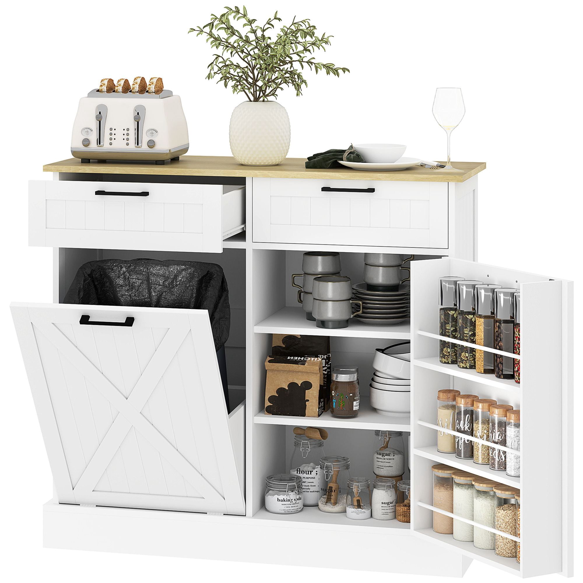 Tilt Out Trash Can Cabinet with 10 Gallon Hidden Trash Can, 2 Drawers, Spice Rack, for Kitchen