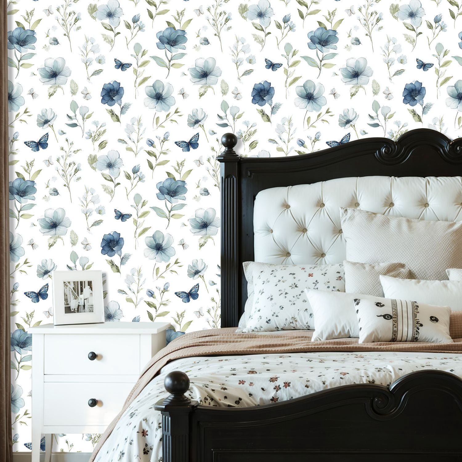 Peel and Stick Wallpaper Soft Blue Floral Butterflies Leaves Botanical Summer Wall Mural 23.6in x 9.8ft Self Adhesive Removable Wall Paper Renter Friendly Wallpaper for Nursery Bedroom Cabinets