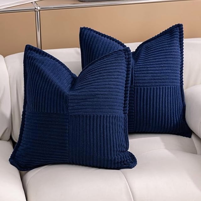 Chenchen Navy Blue Throw Pillow Covers 18×18 Inches Set of 2 Corduroy Boho Decorative Soft Square Striped Cushion Covers for Couch Sofa Living Room 45×45CM