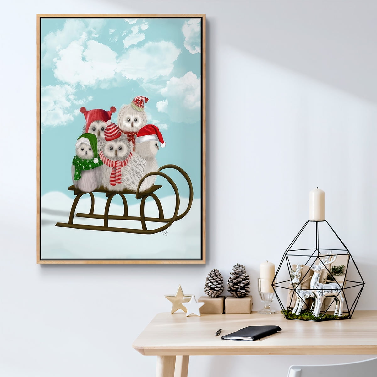Christmas Christmas Owl Sled - Framed Gallery Wrapped Holiday Canvas - 25 x 37 - Natural Wood Frame