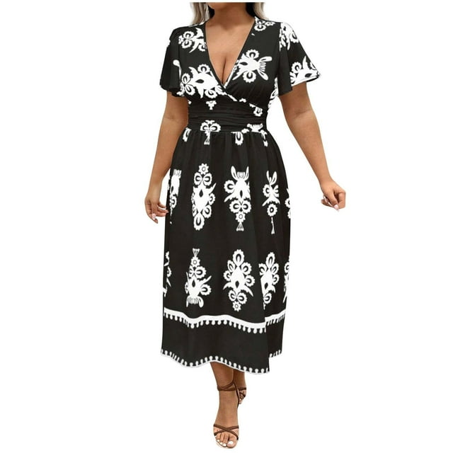 Vestido de Verano de Manga Corta para Mujeres Moda Sexy Tamaño Grande Impresión Plegado Cuello en V, Playa Casual Y Vestido de Fiesta