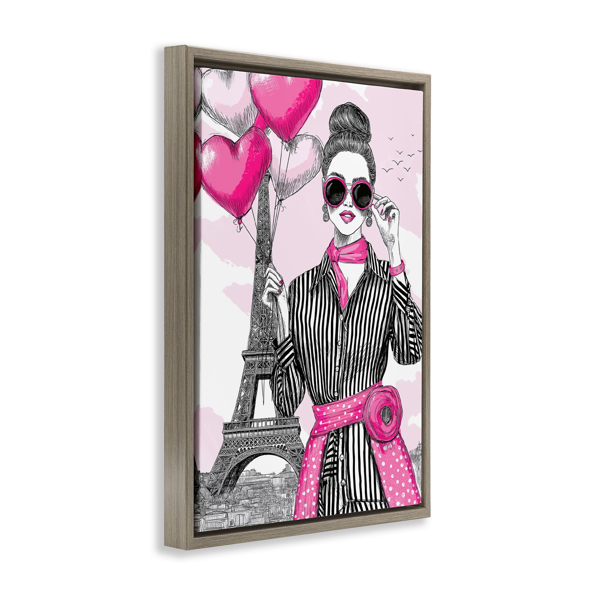 Stupell Industries Parisian Chic Woman with Balloons Brown Framed Floater Canvas Wall Art, design by Jess Stempel