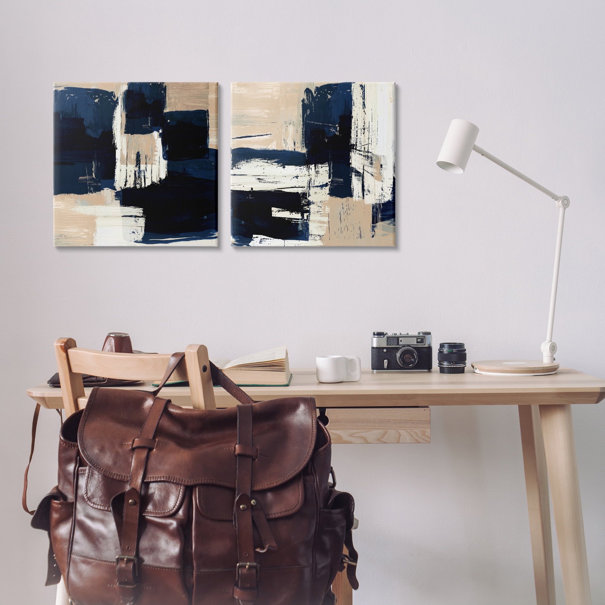 Stupell Industries Abstract Navy Neutral Abstract Painting Wrapped Canvas Art Print Wall Art, 17 x 17, Set of 2
