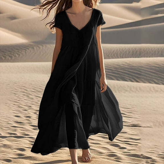 Meichang Cotton Linen Dresses for Women Summer V Neck Short Sleeve Ruffle Tiered Maxi Dresses Flowy Swing Loose Fit Long Dress Women's Beach Linen Dresses