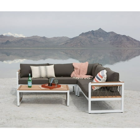Walker Edison Wood 4 Piece Outdoor Sectional with Cord Accents