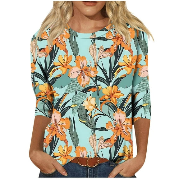 Women's Casual 3/4 Sleeve T-Shirts Round Neck Vintage Floral Print Tunic Tops Basic Tees Blouses Work Tee Top