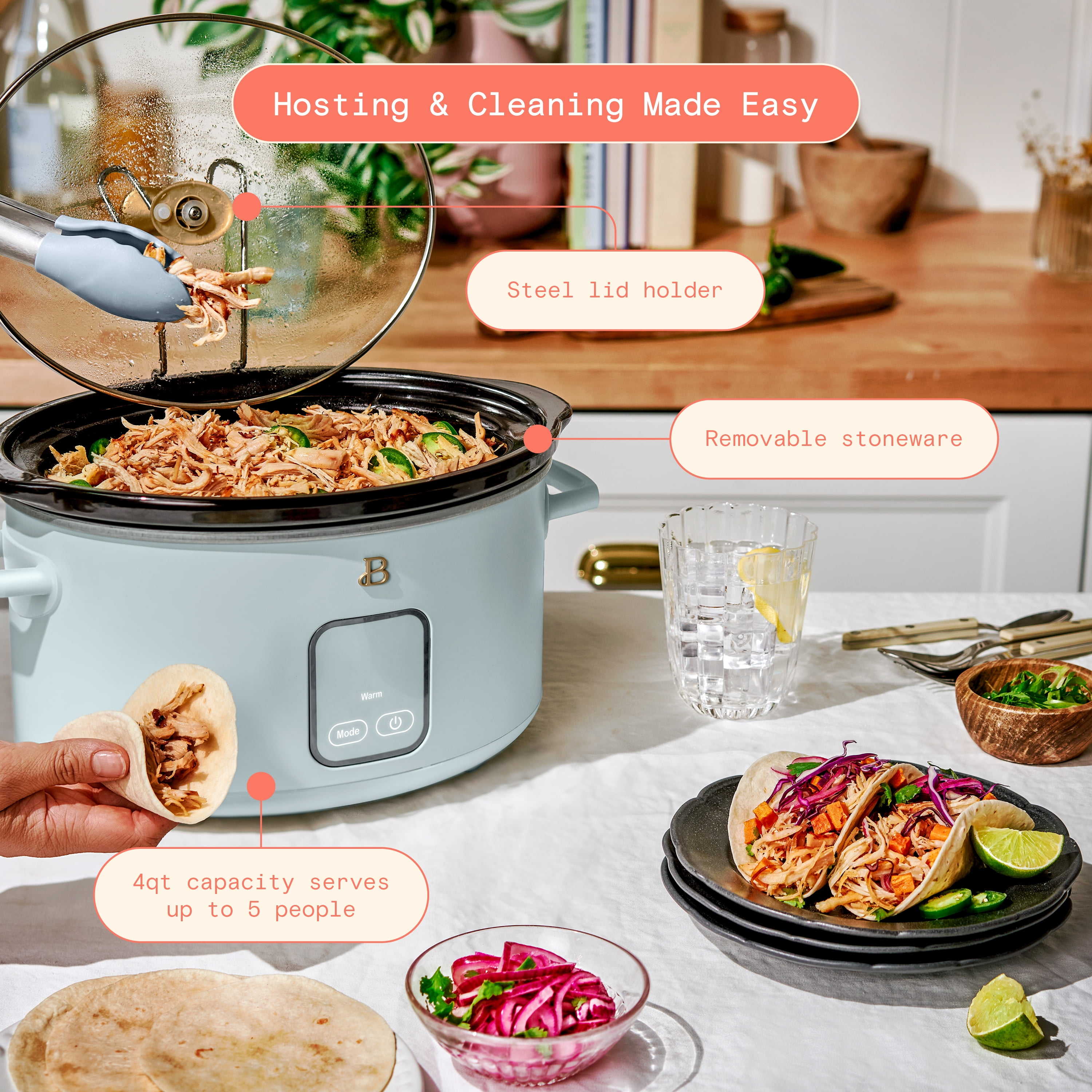 Beautiful 4 Qt Slow Cooker with Touch-Activated Display, Hydrangea by Drew Barrymore