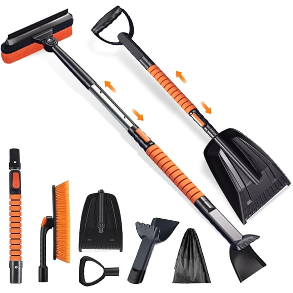 Car 5-in-1 Replaceable Heads Snow Brush Kit, Portable Replaceable Rotatable Head Snow Removal Brush Kit with Ergonomic D-Handle for Driveway Snow Shovel & Brush Care black