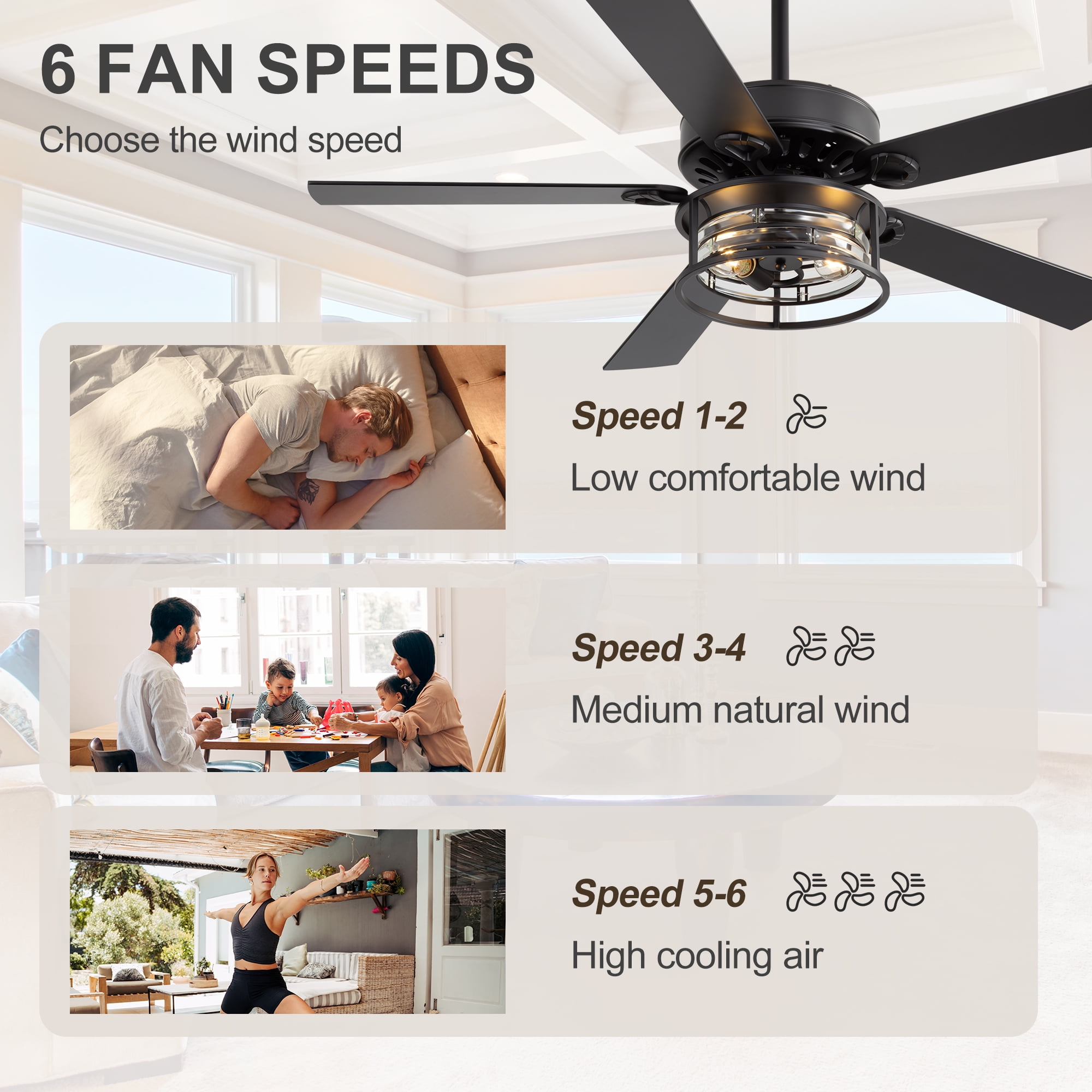 ALKAFY 52 inch Matte Black Traditional Ceiling Fan with Light - Remote, for Bedroom/Living Room/Kitchen