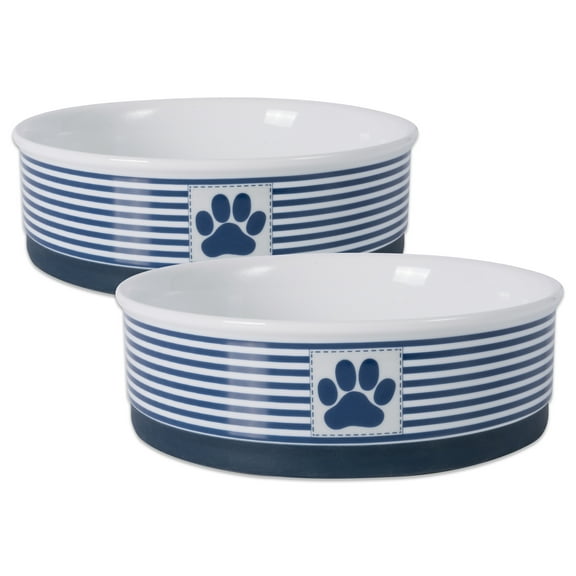 Bone Dry Chevron Ceramic Pet Bowls, Dishwasher Safe, Large, 7.5x2.4", Nautical Blue, 2 Count