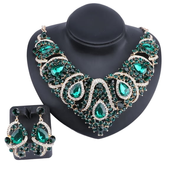 Luxurious Bridal Jewelry Set for Women - Rhinestone Teardrop Necklace & Earrings, Perfect for Weddings & Proms,Green