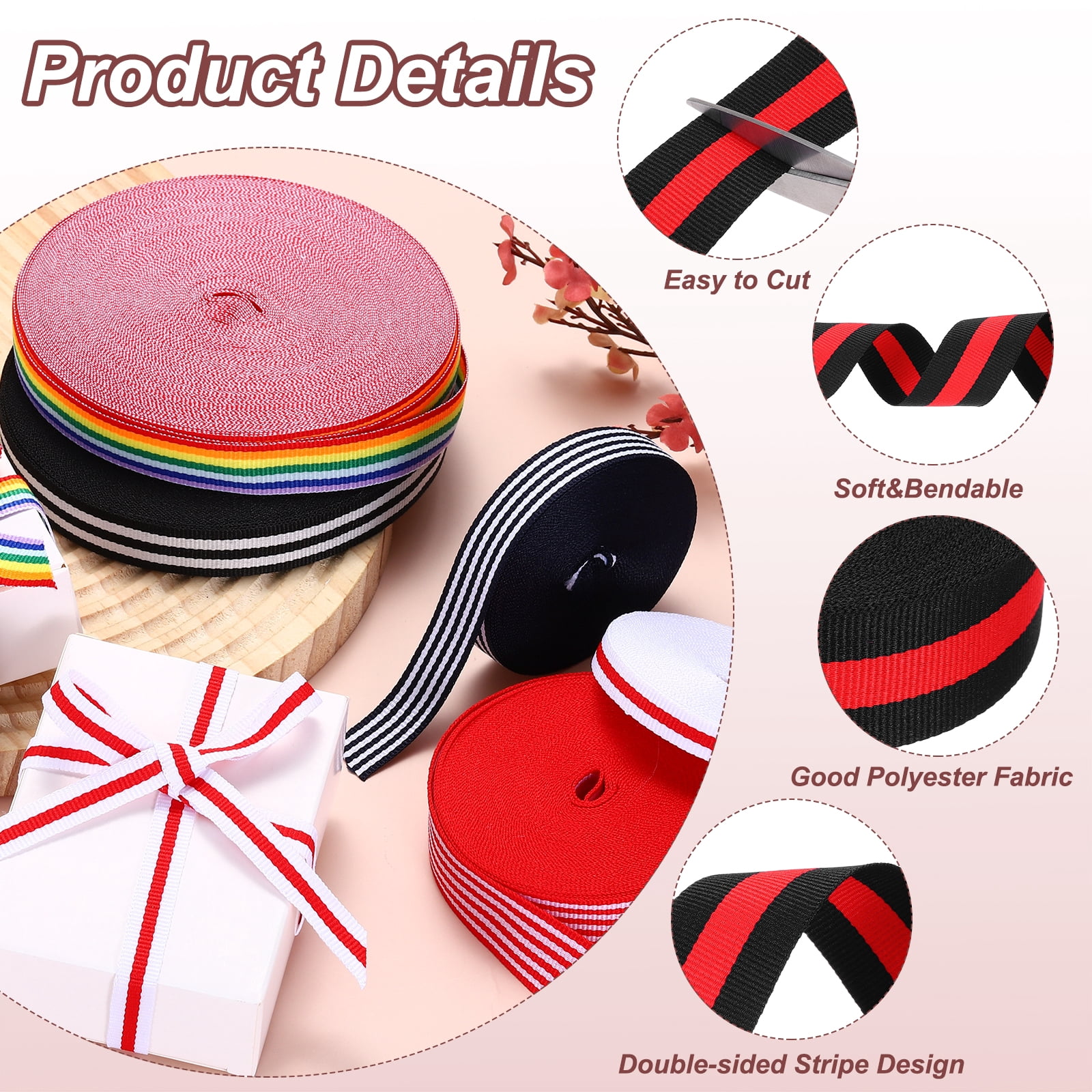Uxcell 1"Black Red Striped Grosgrain Ribbon 10 Yard Polyester Stripe Ribbon