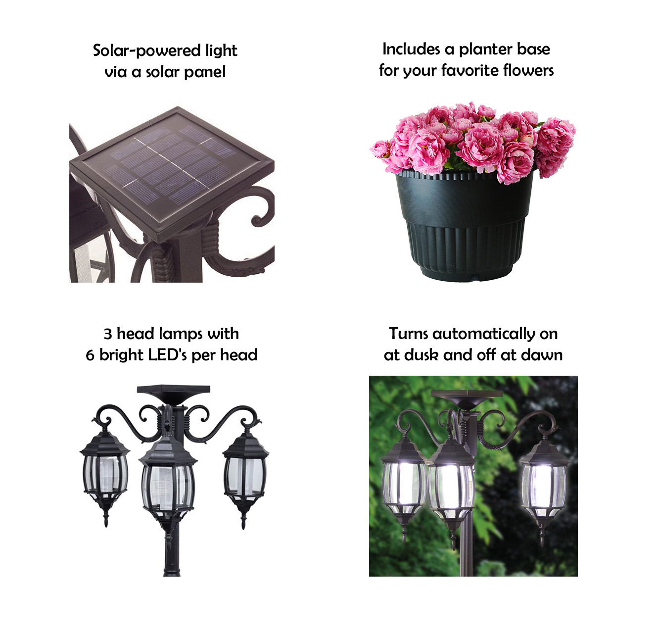 Westcharm 6.6 ft. (79 in.) Tall Black Solar Powered Lamp Post with Round  Planter for Garden, Heads, White LEDs
