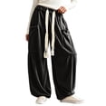 thumbnail image 2 of Evdexr Womens Pants Bohemian Baggy Wide Leg Trousers Corduroy Elastic Drawstring Comfy Bottoms Work Soft Sweatpants with Big Pockets Black L, 2 of 8
