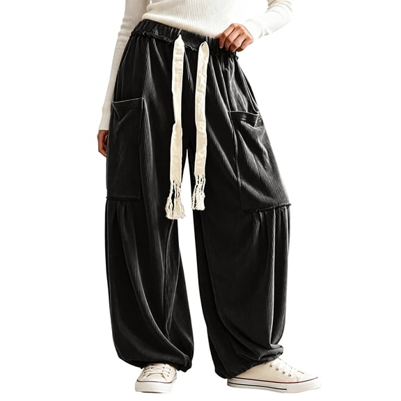 Women's Boho Corduroy Balloon Harem Pants Slouchy Straight Leg Trousers with Pockets L