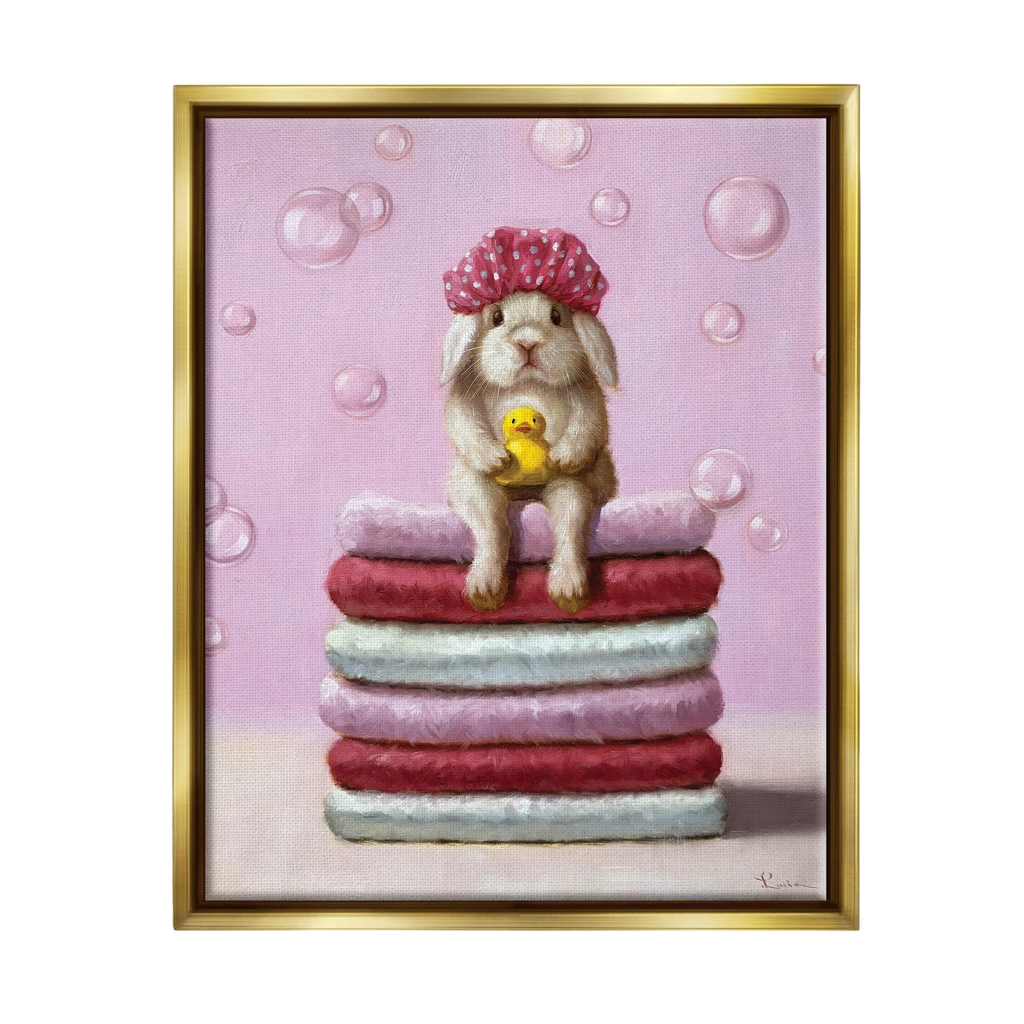 Stupell Industries Cute Baby Rabbit on Bath Towels Soap Bubbles Metallic Gold Framed Floating Canvas Wall Art, 24x30, by Lucia Heffernan