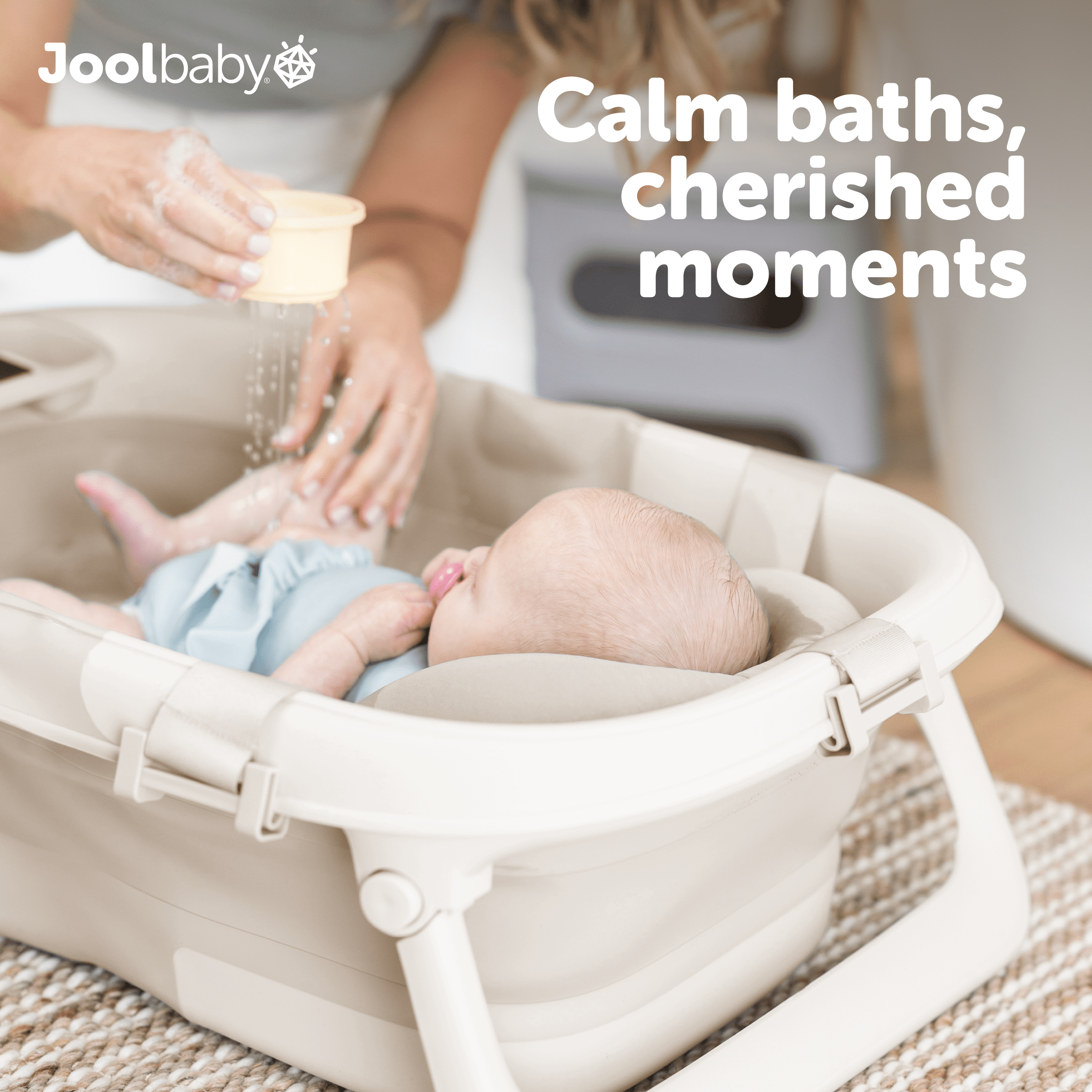 Jool Baby Fold ‘n Store Baby Bathtub – 3 Stage Collapsible Bather for Easy Storage, Portable for Travel – Built-in Thermometer (Oatmeal)