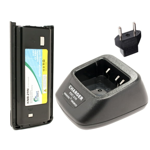 Kenwood TK-2202 Battery and Charger with EU Adapter - Replacement for Kenwood KNB-29N Two-Way Radio Batteries and Chargers (1600mAh, 7.2V, NI-MH)