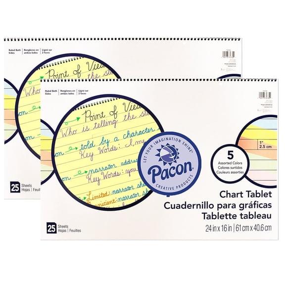 Pacon 1" Ruled Colored Paper Chart Tablet 24" x 16" 25 Sheets Per Tablet Pack of 2 (PAC74732-2)