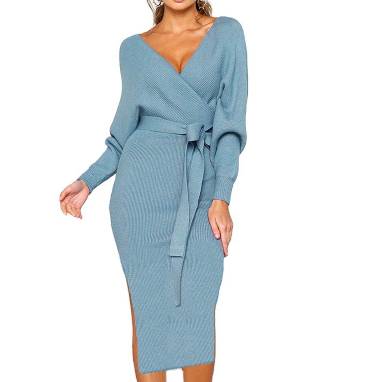 Knitted Sweater Wrap Midi Dress Womens Puff Long Sleeve V Neck Tie Waist Bodycon Split Pencil Dress with Belt (Large, Light Blue)
