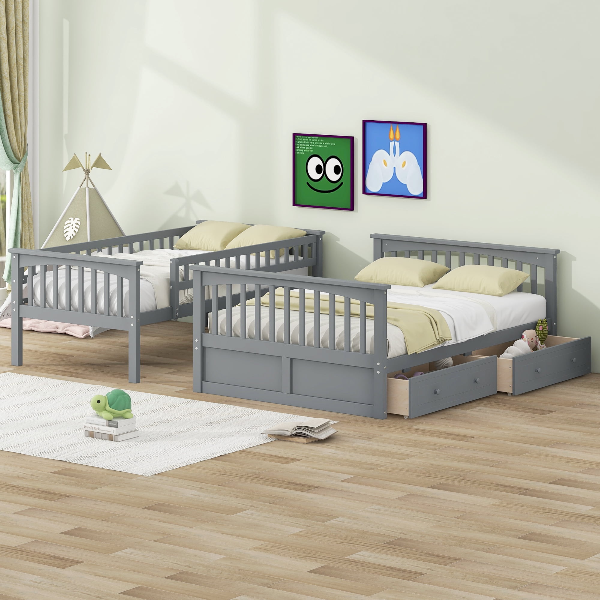 Euroco Wood Twin over Full Bunk Bed with Drawers, Convertible Two Beds in One, Gray
