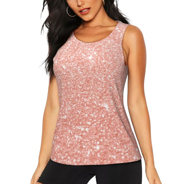 Fotbe Rose Gold Glitter Blusas Sin Mangas para Mujer – Estilo Casual, Corte Suelto, Slim-Fit, Cuello Redondo Deportivo, Tops de Verano para Gimnasio y Yoga-Medium