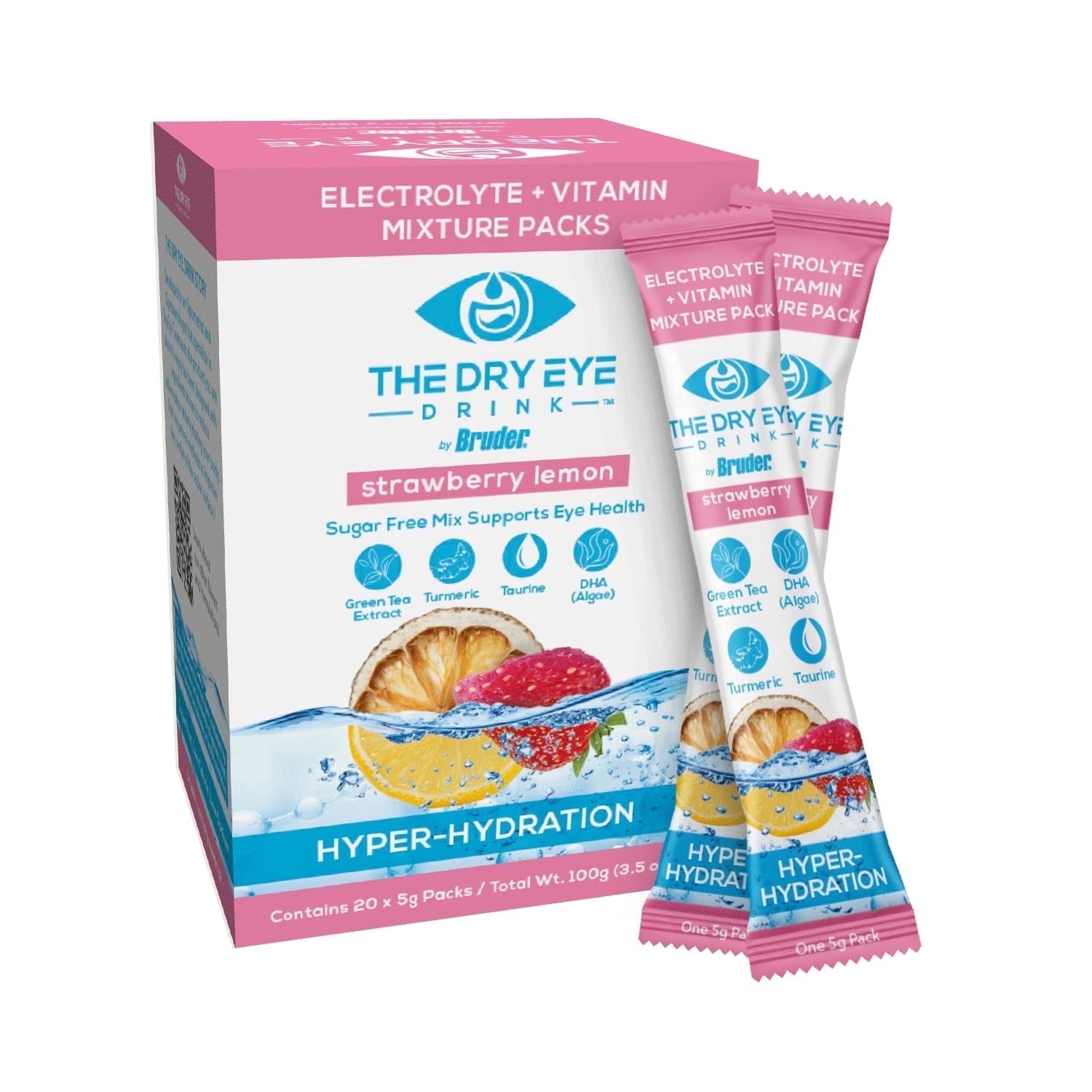 The Dry Eye Drink Strawberry Lemon Flavor l Ultimate Hydration for Dry Eyes l Sugar-Free Electrolyte Powder Packets l Blended with Vitamins, Green Tea, Turmeric, Taurine, and DHA l 5g x 20 Packets
