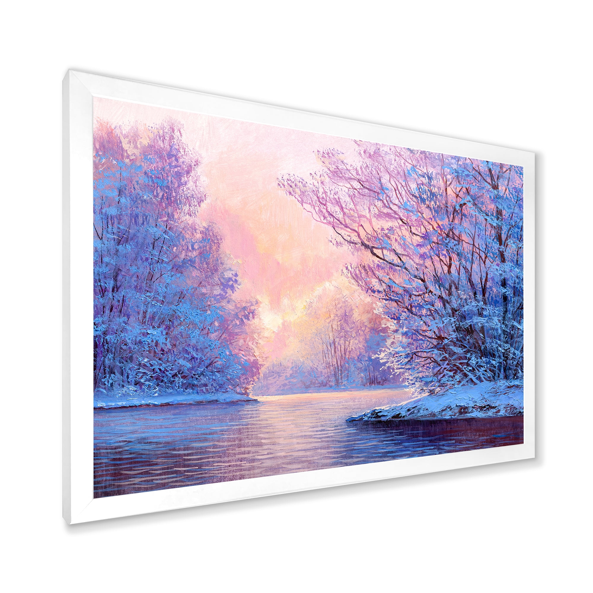 Designart 'The River Original With Winter Landscape' Lake House Framed Art Print