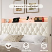 Hiphuta Queen Size Floating Upholstered Beds with LED Lights, Velvet Leather Sturdy Platform Bed with Charging Station & Button Tufted Headboard Storage, White