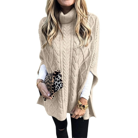 Multitrust Women's Loose Cape Knitwear, Solid Color Knitting Sleeveless High Neck Shawl Sweater