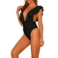 thumbnail image 4 of Traje de baño de una pieza para mujer, con escote en V, con volantes, monokini, control de abdomen, color negro, talla XL, 4 of 5