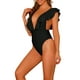 thumbnail image 4 of Traje de baño de una pieza para mujer, con escote en V, con volantes, monokini, control de abdomen, color negro, talla XL, 4 of 5