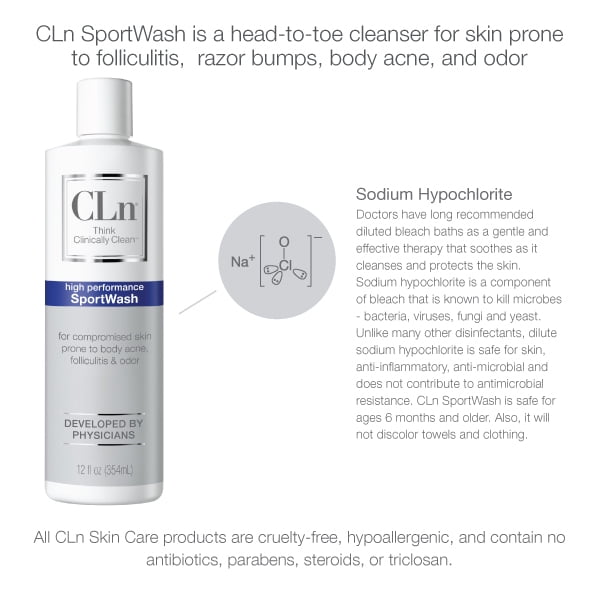 CLn® SportWash, 12 fl oz, Sport Bodywash for Body Odor, Foot Odor & Folliculitis, Fragrance Free Body Wash