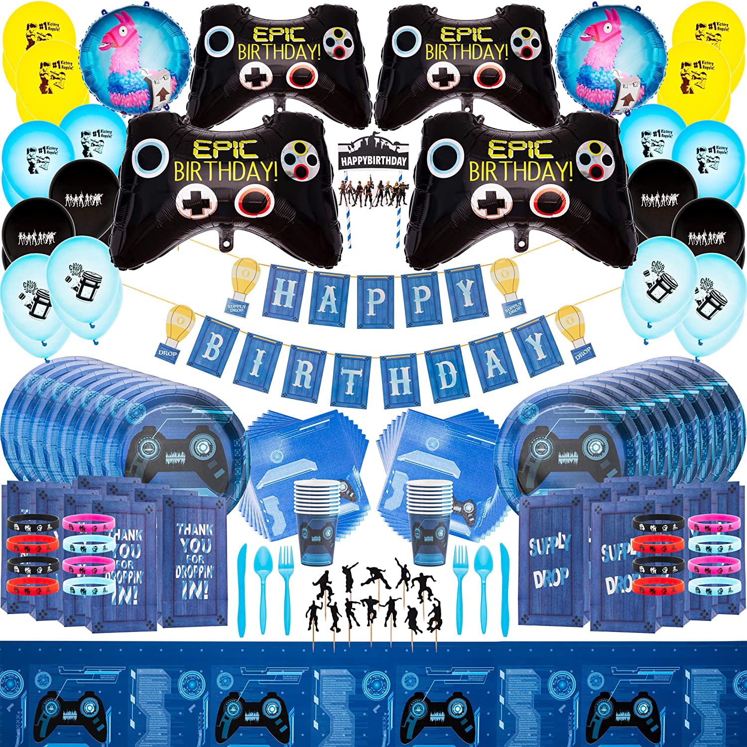 Video Game Party Supplies Kit Fortnite Inspired Complete Party Kit For Birthday Gaming Decorations Favors Cake Topper Plates Utensils Large Foil Controller Balloons With Printable Invitations Walmart Com Walmart Com