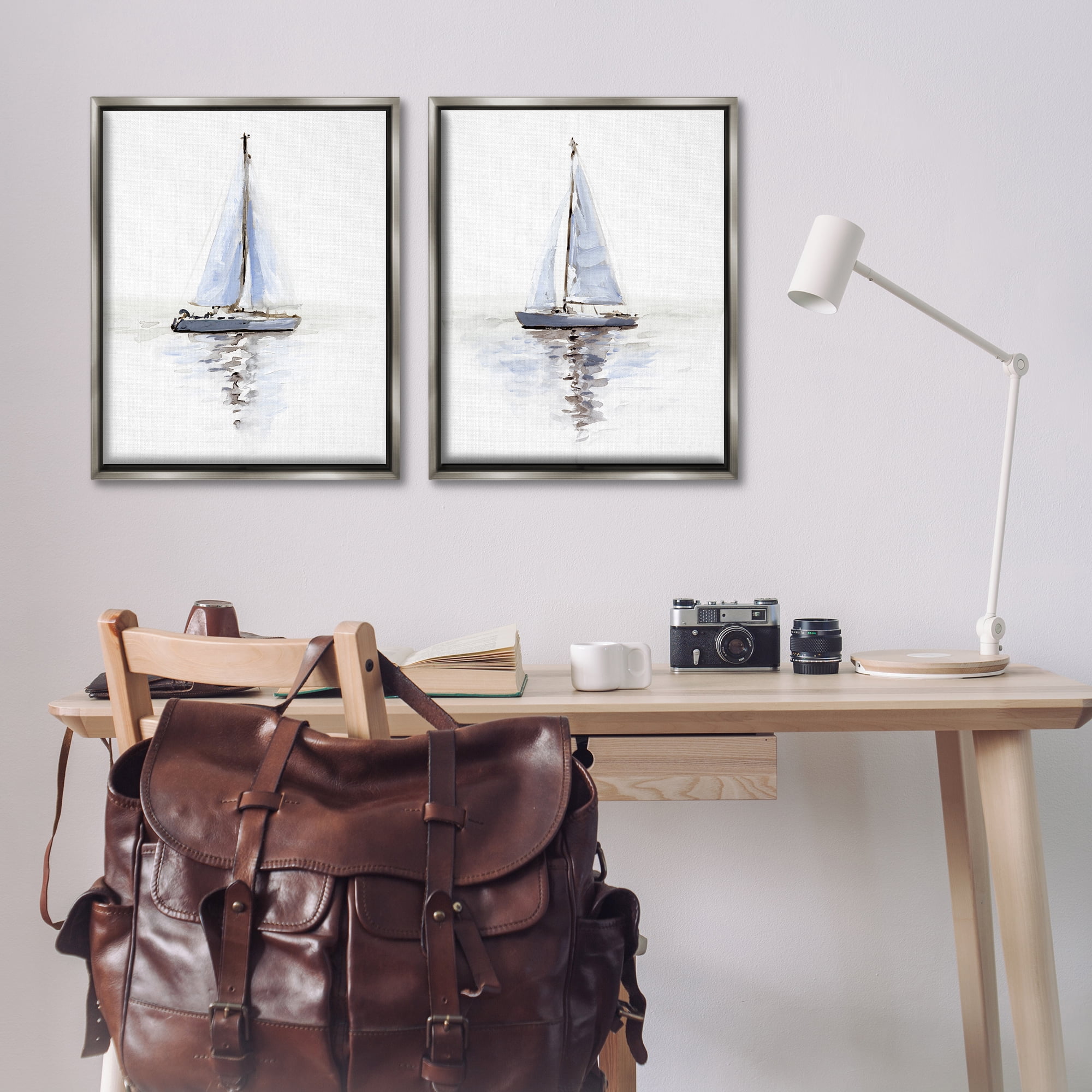 Stupell Industries Watercolor Sailboat Calm Water Transportation Painting Gray Floater Framed Canvas Art Print Wall Art, 31 x 25, Set of 2