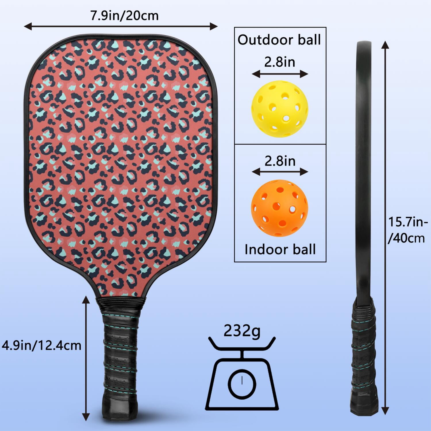Pickleball Paddles Set Of 1, Fiberglass Surface, Animal, Leopard Print, 1 Paddle, 2 Balls & Bag