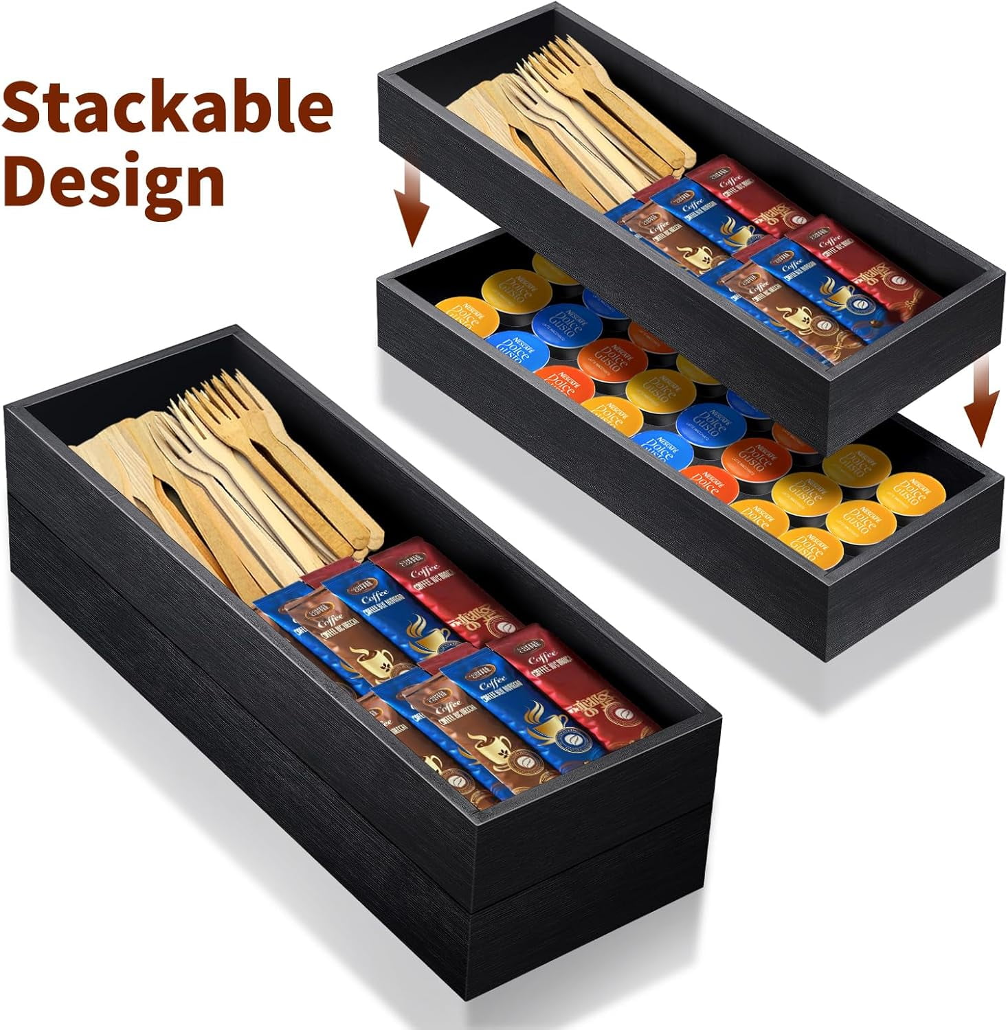 Bamboo Utensil Drawer Organizer, Stackable Silverware Organizer Tray Flatware Cutlery Storage Box for Kitchen - 17"x6"x2.5" (Set of 2)